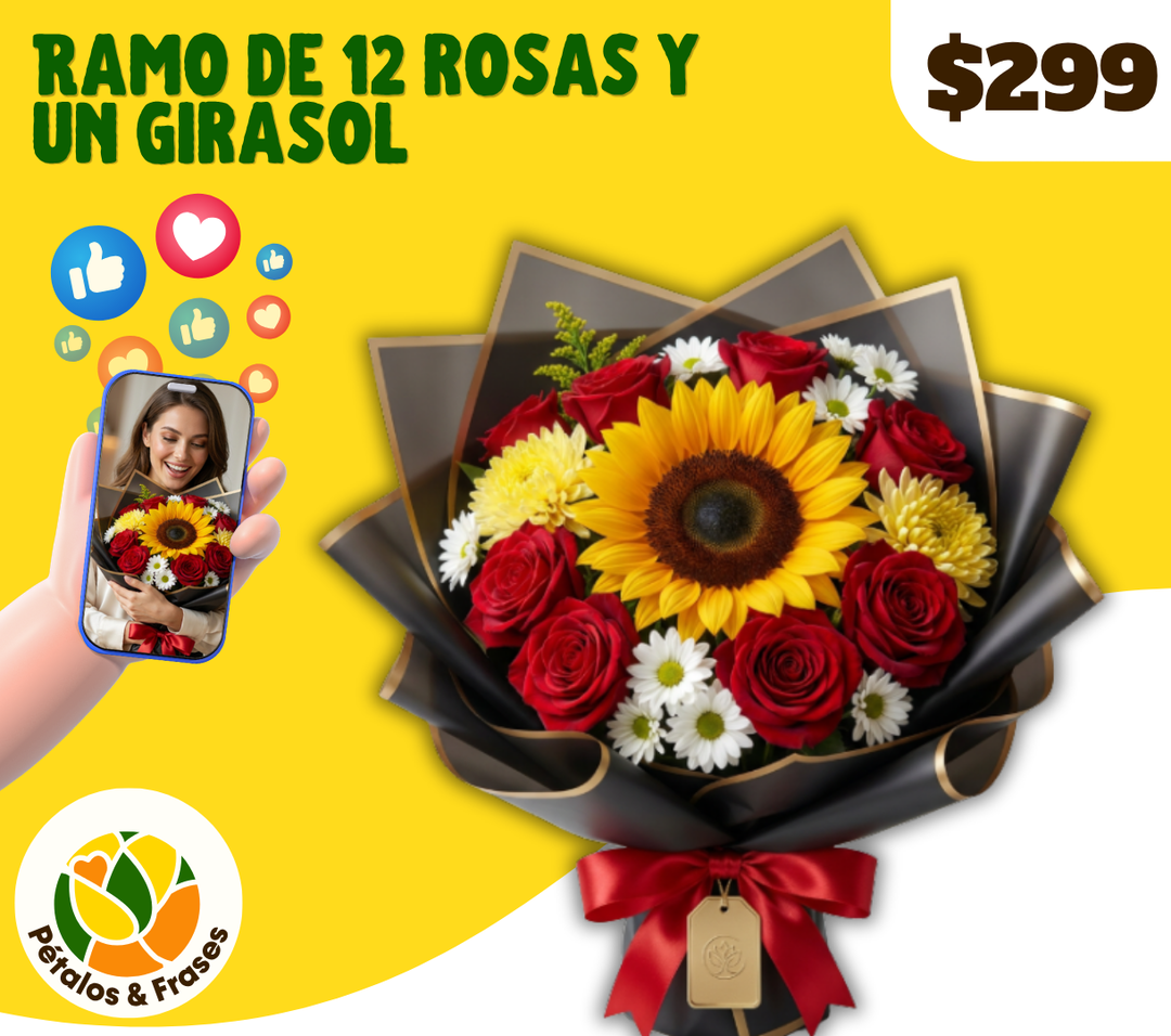 Ramo de 12 rosas y un girasol