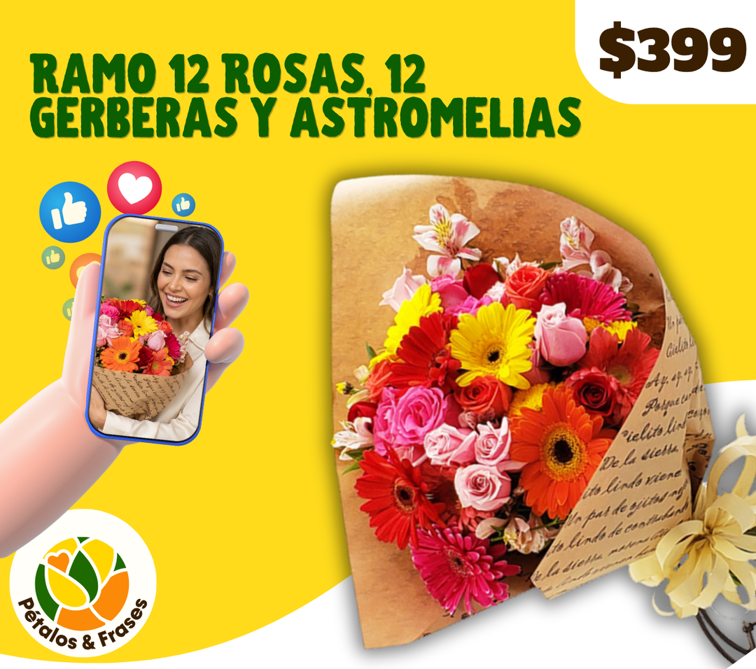 Ramo 12 rosas, 12 gerberas y astromelias