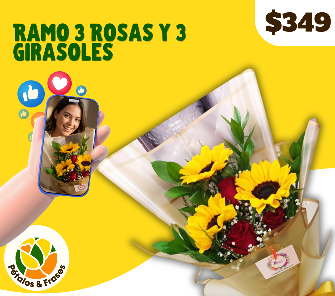 Ramo 3 rosas y 3 girasoles