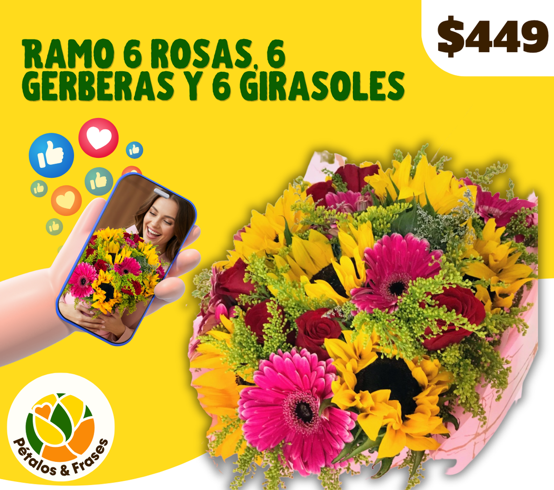 Ramo 6 rosas, 6 gerberas y 6 girasoles