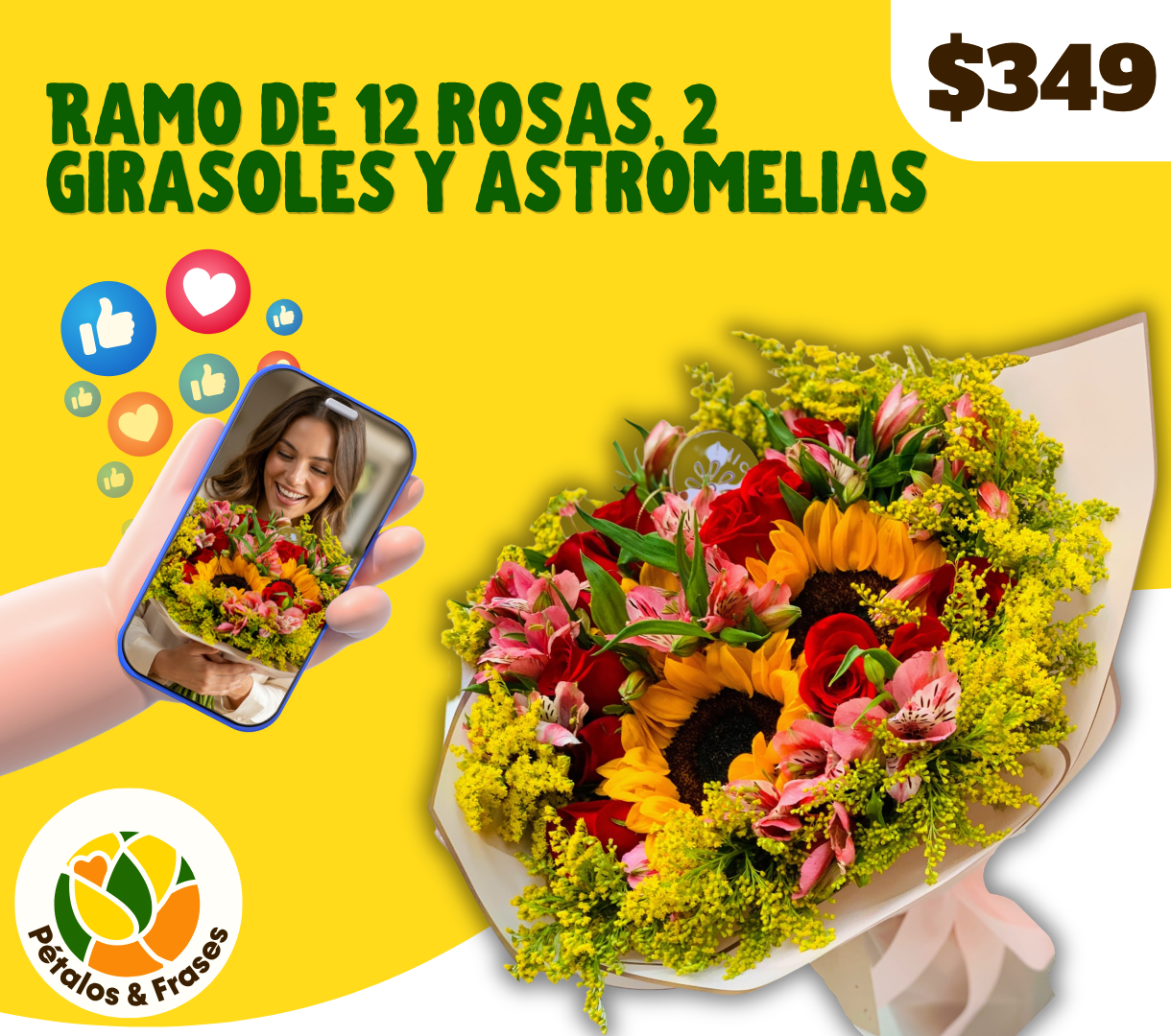Ramo de 12 rosas, 2 girasoles y astromelias_0