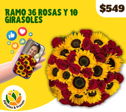 Ramo 36 rosas y 10 girasoles