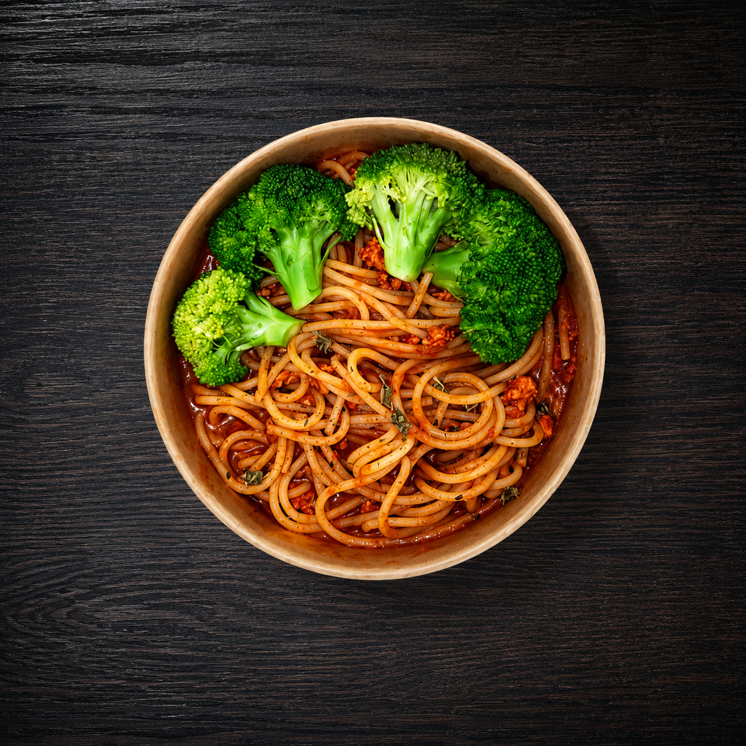 Chicken Bolognese Pasta w/ Stir-fried Broccoli 