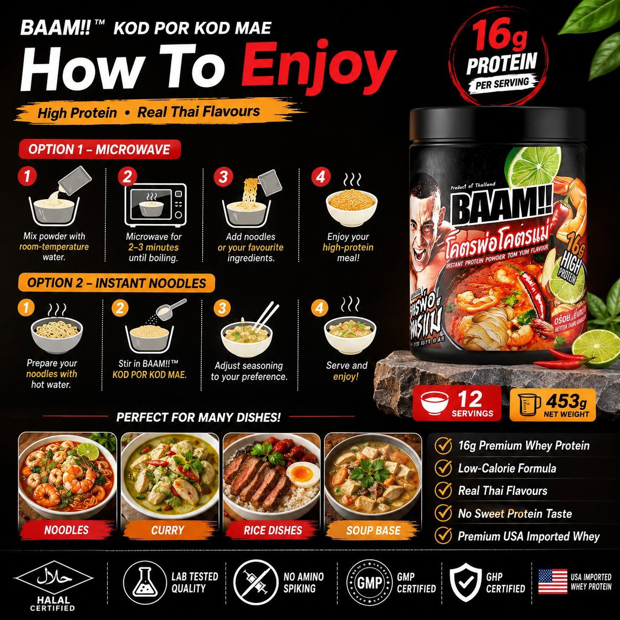 BAAM!!™ Tom Yum Savory Whey Protein KOD POR KOD MAE (12 Servings) | 16g Protein • Low Calorie • Halal • High Protein Meal_3