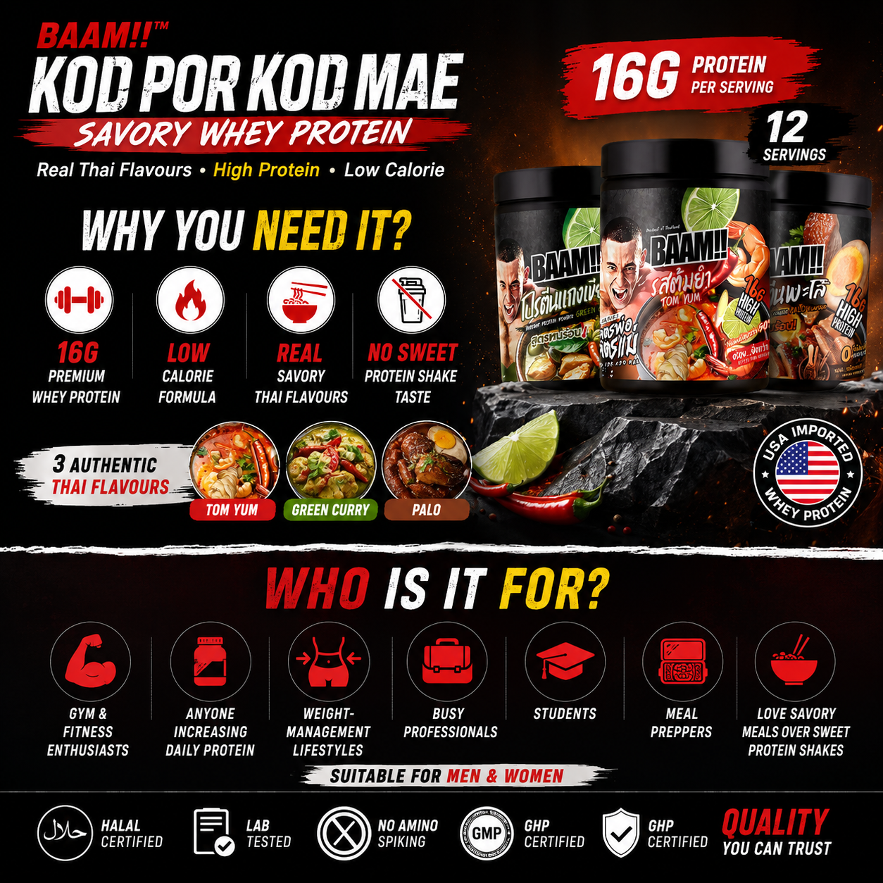 BAAM!!™ Tom Yum Savory Whey Protein KOD POR KOD MAE (12 Servings) | 16g Protein • Low Calorie • Halal • High Protein Meal_9