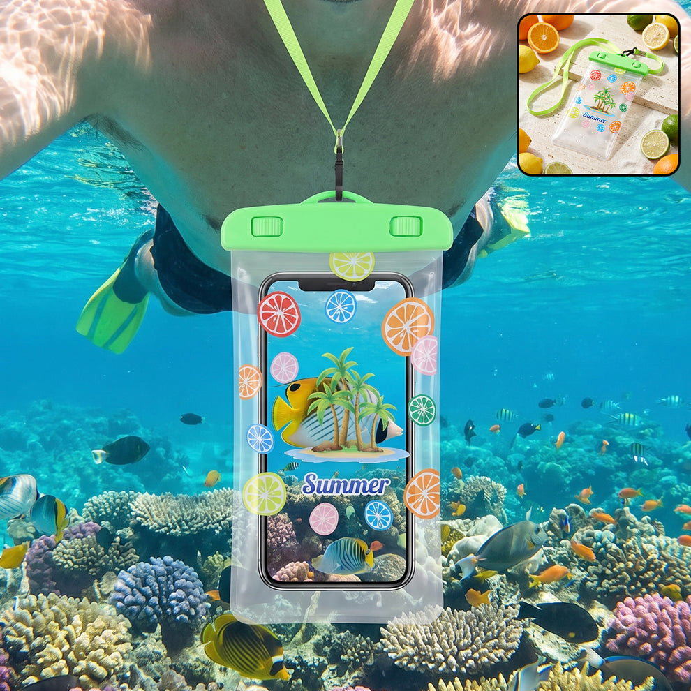 Waterproof Mobile Pouch With Neck Strap In Green, Shown Protecting A Phone