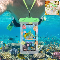 Waterproof Mobile Pouch With Neck Strap In Green, Shown Protecting A Phone