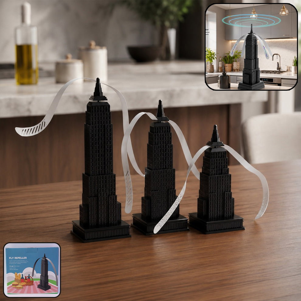 Fly repeller tabletop fan with spinning blades and holographic strips_0