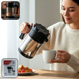 Front view of stainless steel insulated kettle with handle and spout