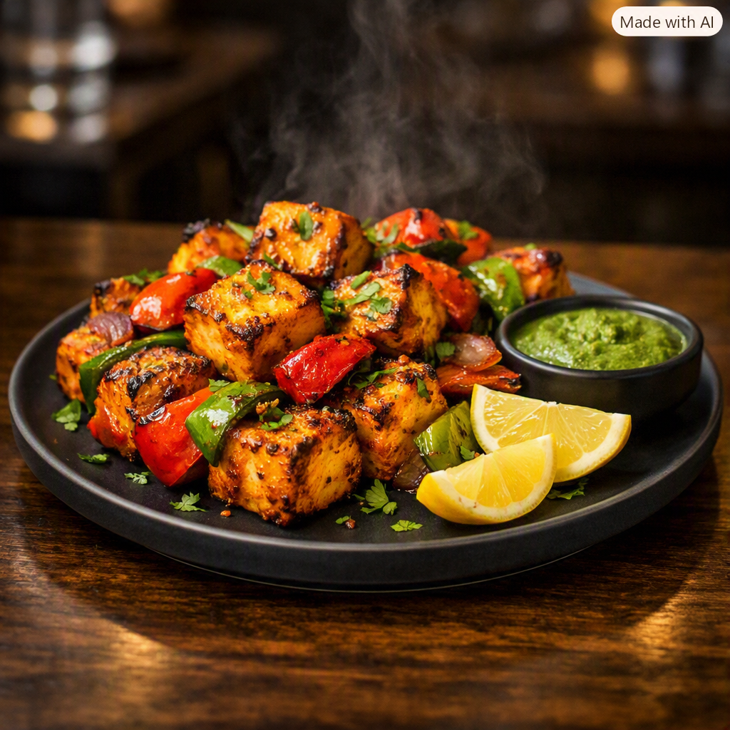 Paneer Tikka — Char-grilled paneer marinated with aromatic Indian spices.
