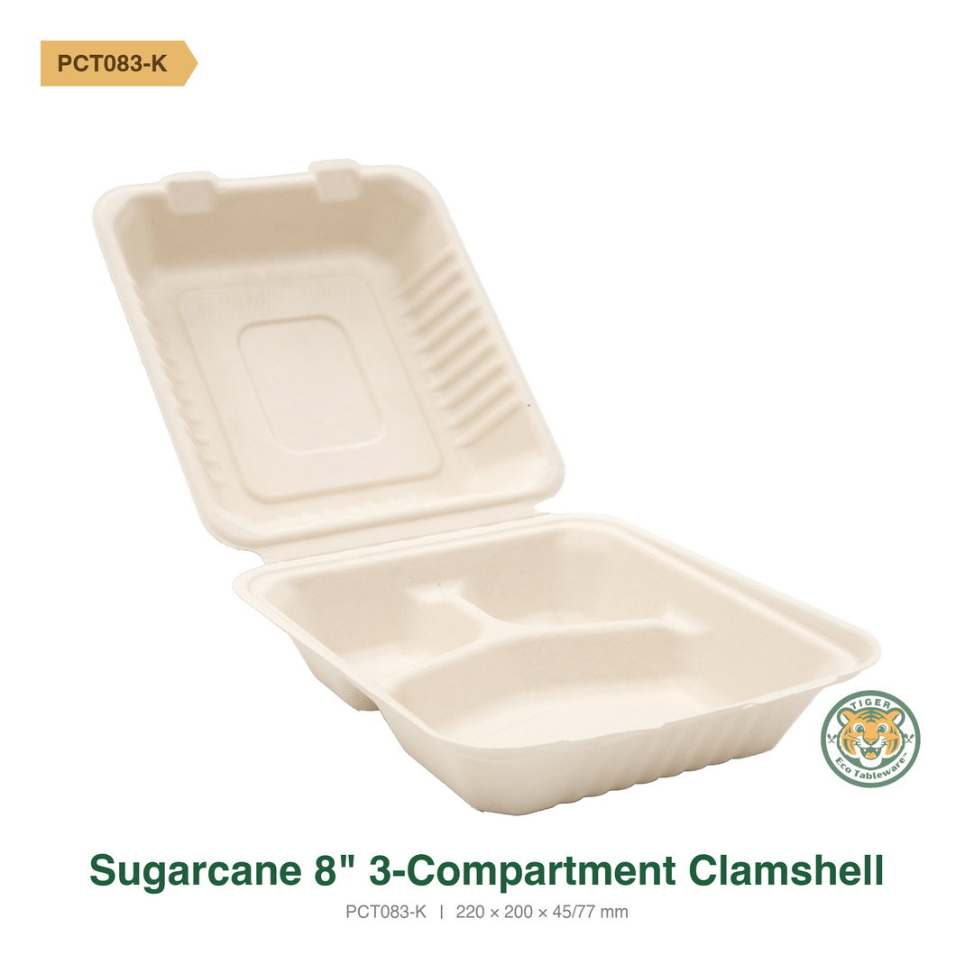Bagasse 8" 3-Compartment Clamshell / Brown (RM0.6696/pc)