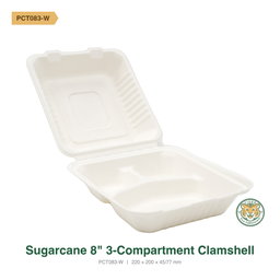 Bagasse 8" 3-Compartment Clamshell / White (RM0.6696/pc)