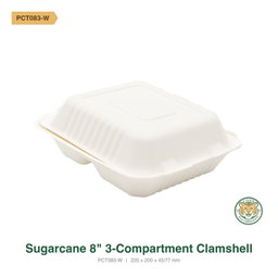 Bagasse 8" 3-Compartment Clamshell / White (RM0.6696/pc)