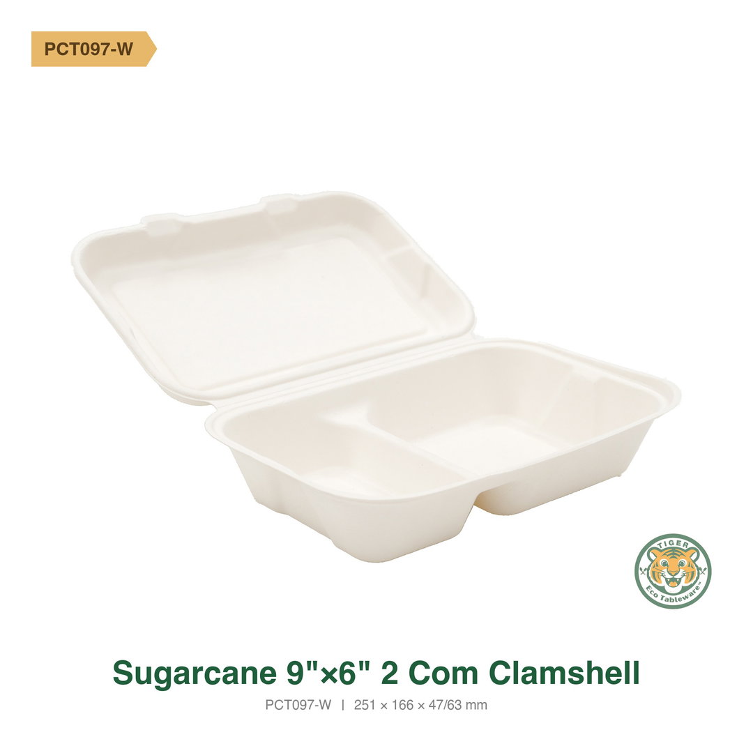 Bagasse 9"×6" 2-Compartment Clamshell / White (RM0.5714/pc)