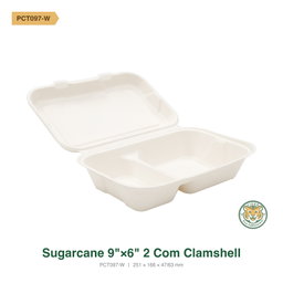 Bagasse 9"×6" 2-Compartment Clamshell / White (RM0.5714/pc)