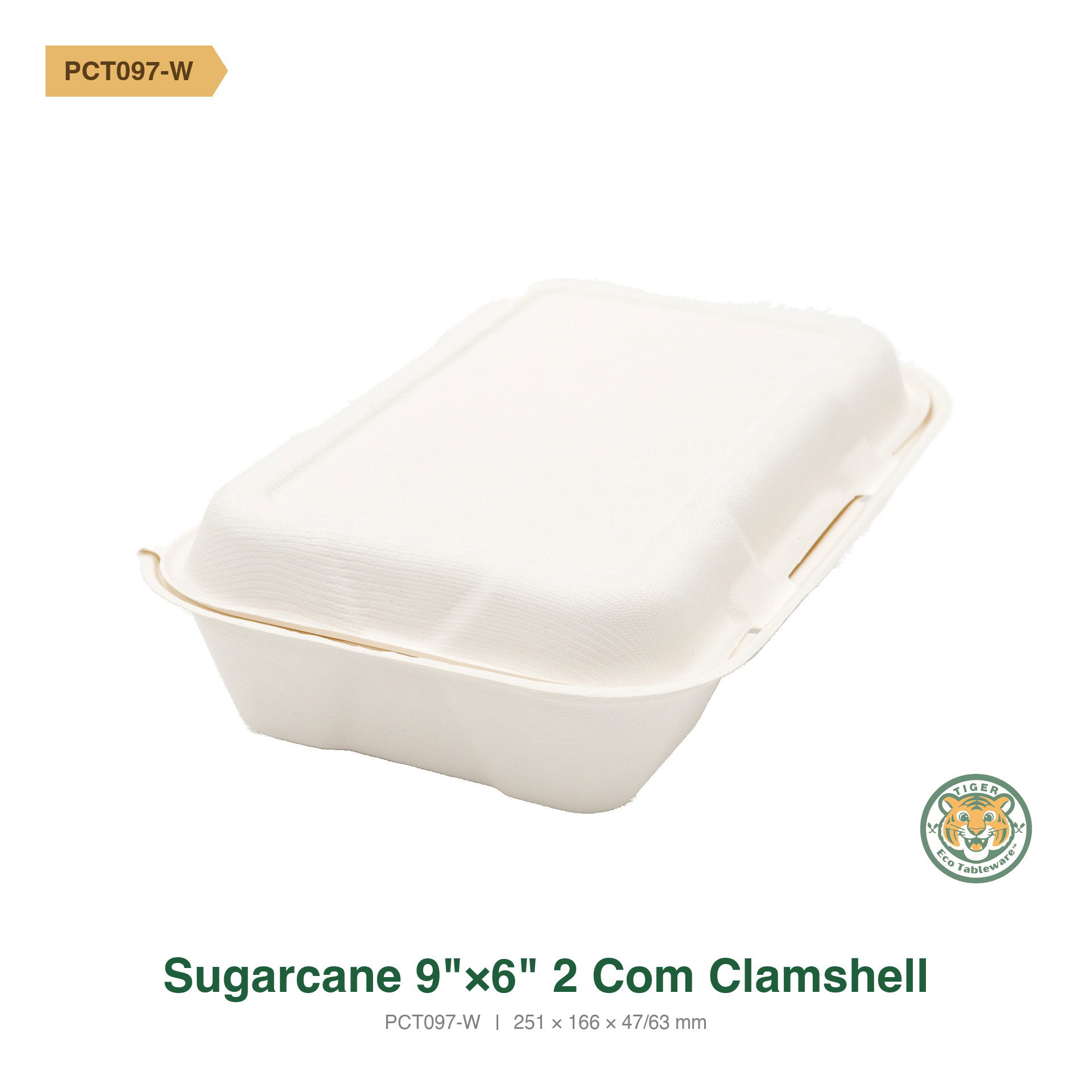 Bagasse 9"×6" 2-Compartment Clamshell / White (RM0.5714/pc)_1