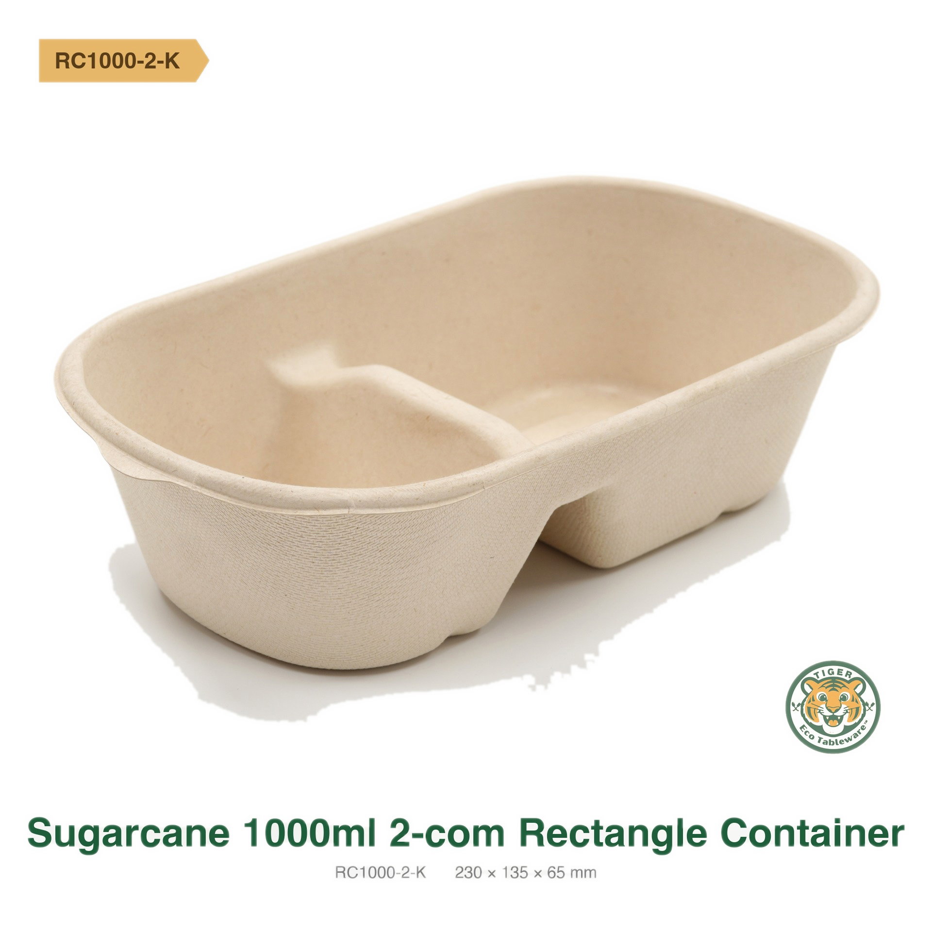 Bagasse Rectangular Container / 1000ml 2-Compartment / Brown (RM0.4242/pc)_0