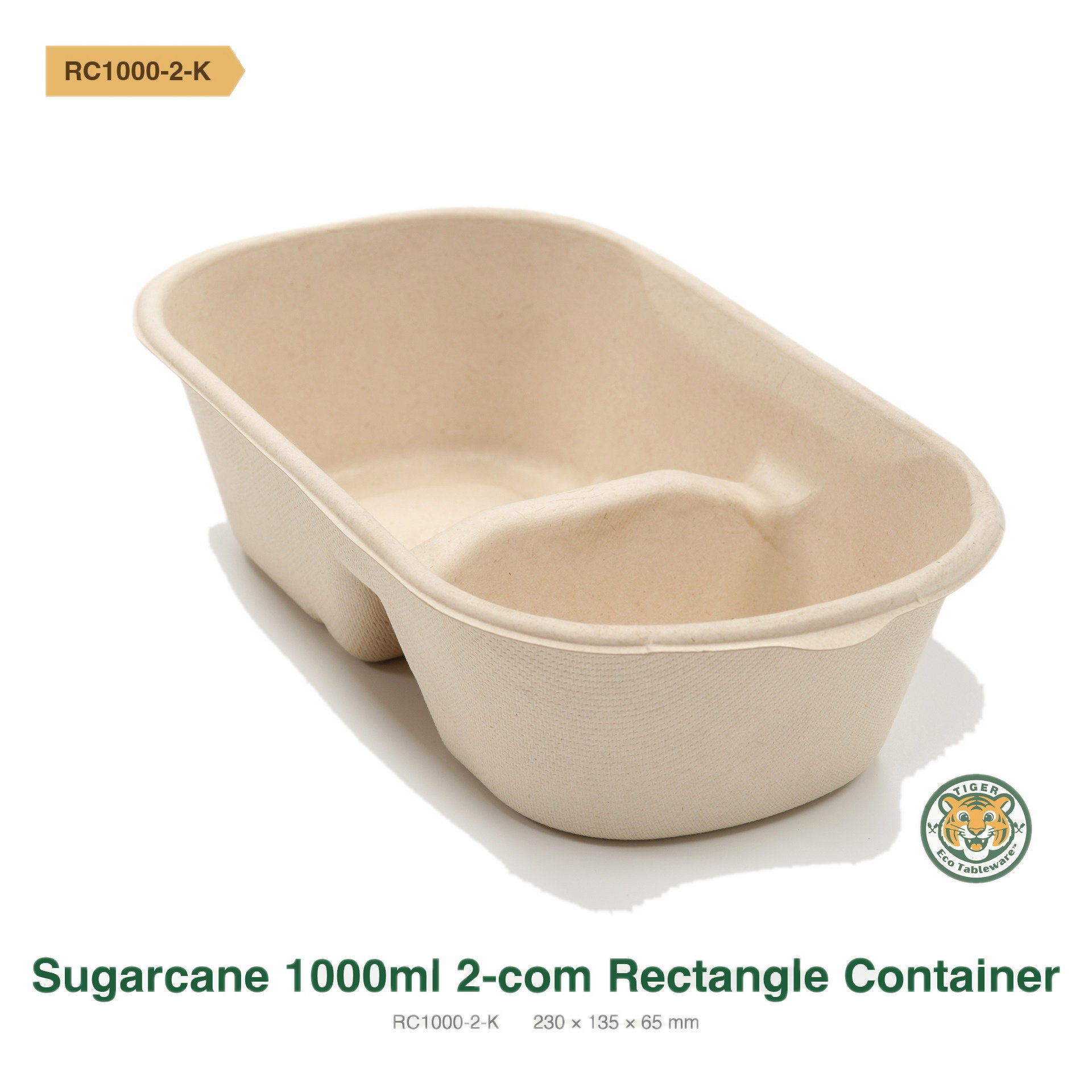 Bagasse Rectangular Container / 1000ml 2-Compartment / Brown (RM0.4242/pc)_1