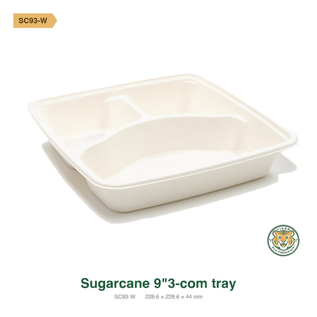 Bagasse 9" 3-Compartment tray / White (RM0.6176/pc)