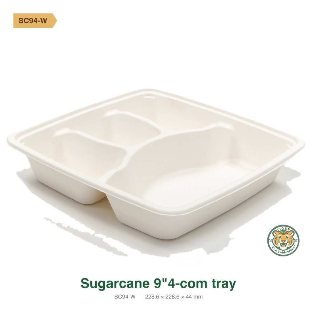 Bagasse 9" 4-Compartment tray / White (RM0.6518/pc)