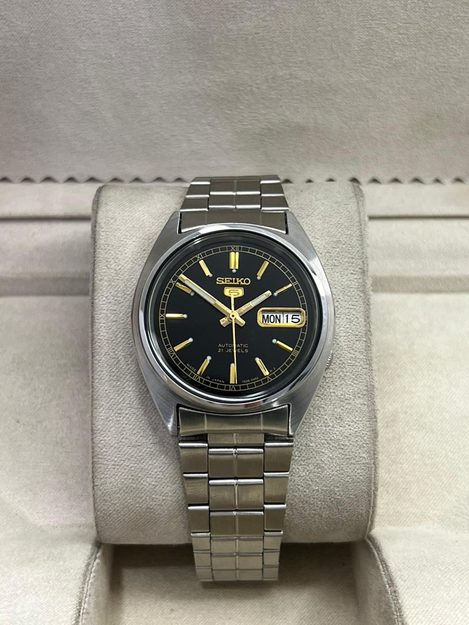 Seiko 5 "Black Dial with Gold Accents & Roman Minute Track"