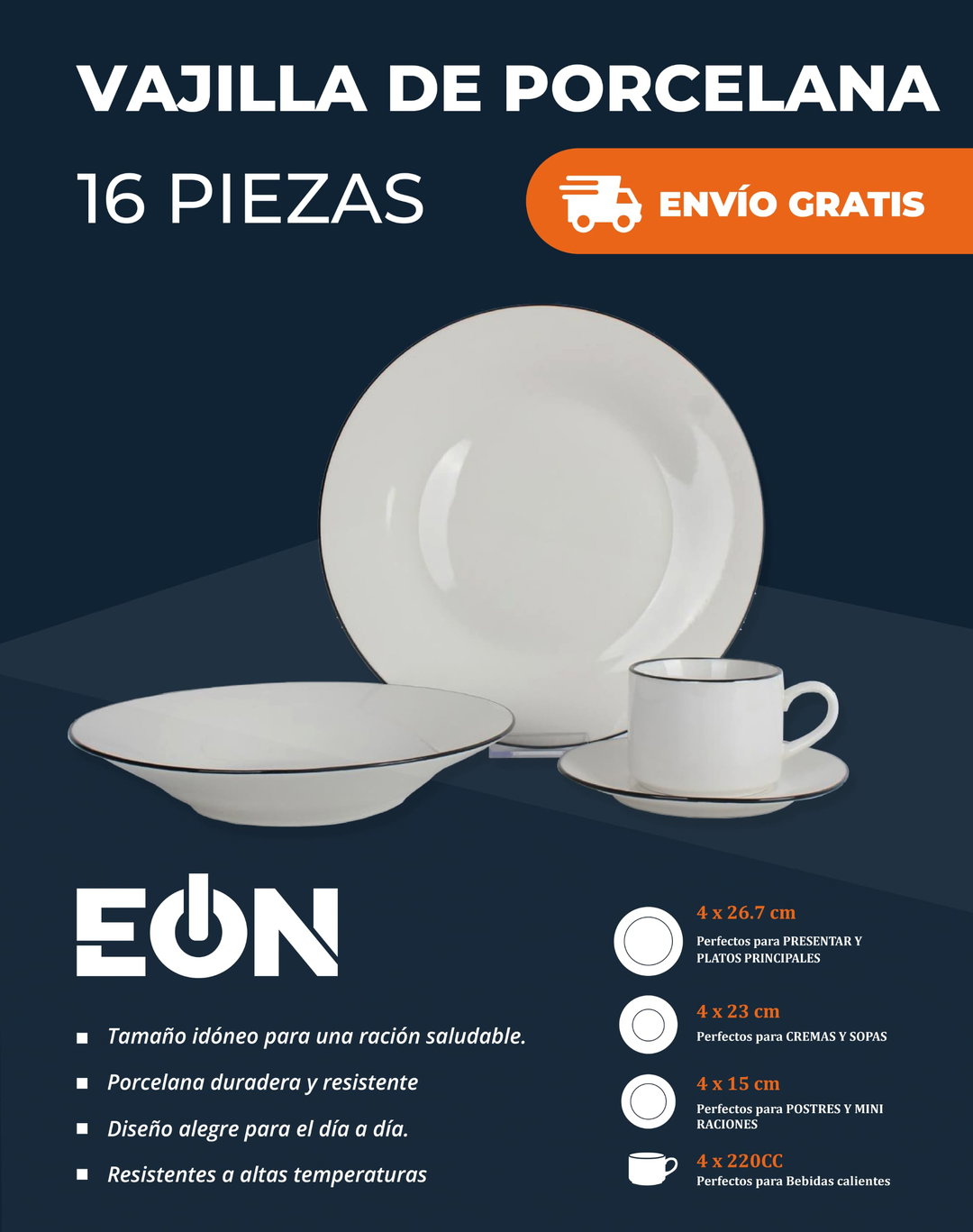 *🔹Set de Vajilla de Porcelana con Linea, 16 piezas Marca EÒN*- Factura