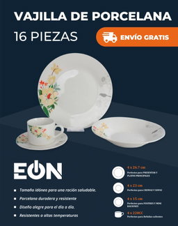 *🔹Set de Vajilla de Porcelana Floreado, 16 piezas Marca EÒN*- Factura