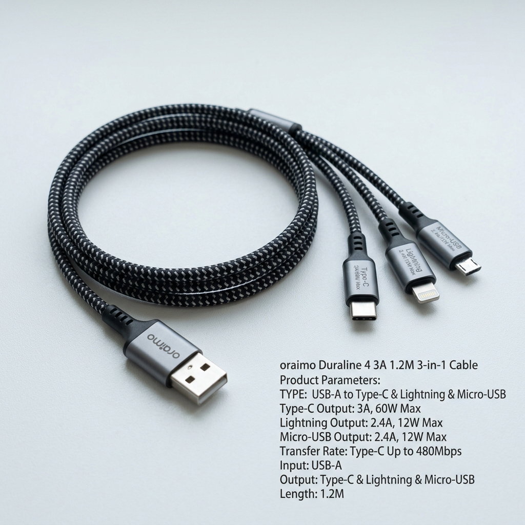 Oraimo Duraline 4 Cable - 3A Fast Charging, 1.2M, 3-in-1