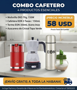 Combo de Cafetera eléctrica+Termo 350ml+Azucarera+Molinillo 70g 