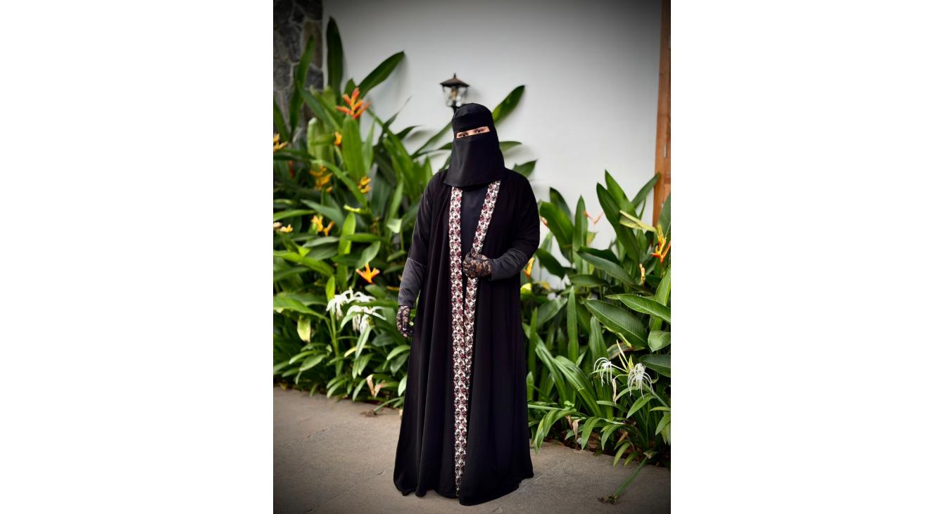 Liara Black Abaya with Floral Front Panel_0