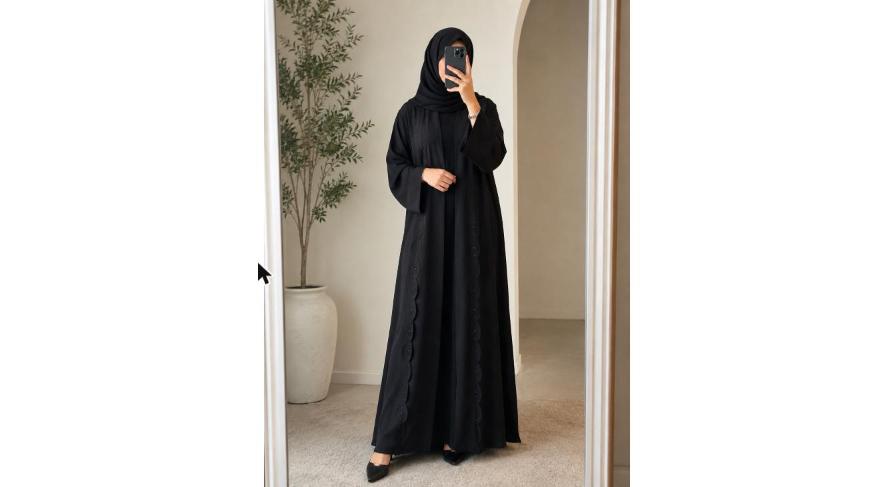 Liara Black Abaya with Scalloped Trim_0