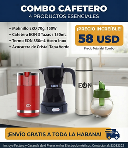 Combo de Cafetera eléctrica 3 tazas+ termo 350 ml+ Azucarera+Molinillo 70g 