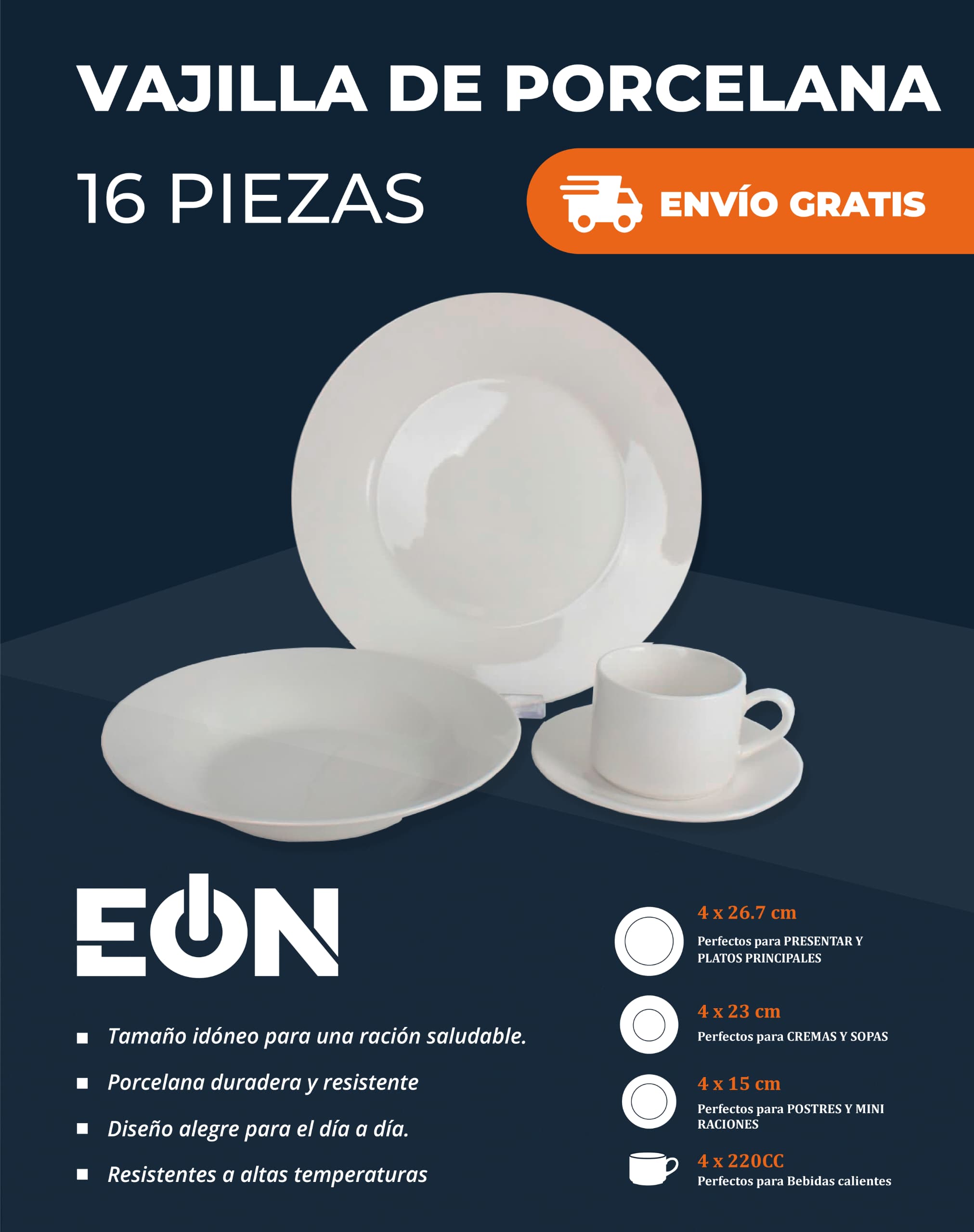 *🔹 Set de Vajilla de Porcelana Blanco, 16 piezas Marca EÒN*- Factura_0