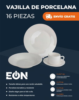 *🔹 Set de Vajilla de Porcelana Blanco, 16 piezas Marca EÒN*- Factura