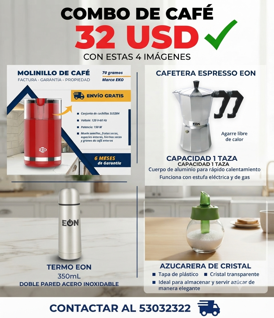 Combo de Cafetera express 1 taza+Termo 350ml+Azucarera+Molinillo 70g 