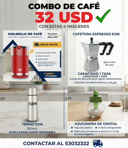 Combo de Cafetera express 1 taza+Termo 350ml+Azucarera+Molinillo 70g 
