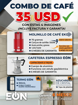 Combo de Cafetera express 3 tazas+Termo 350ml+Azucarera+ Molinillo 70g 