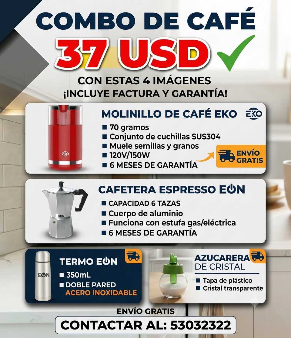 Combo de Cafetera express 6 tazas+Termo 350ml+Azucarera+Molinillo 70g 