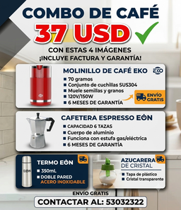 Combo de Cafetera express 6 tazas+Termo 350ml+Azucarera+Molinillo 70g 