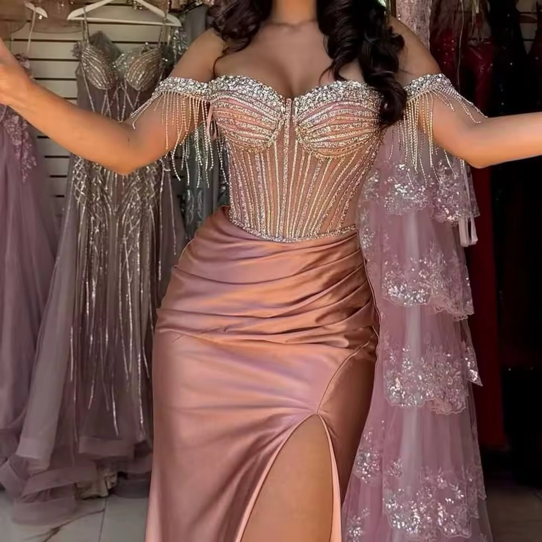 Robe de soirée luxueuse pour femmes, fourreau en tissu extensible, robe de célébrité, Rose, épaules dénudées,
