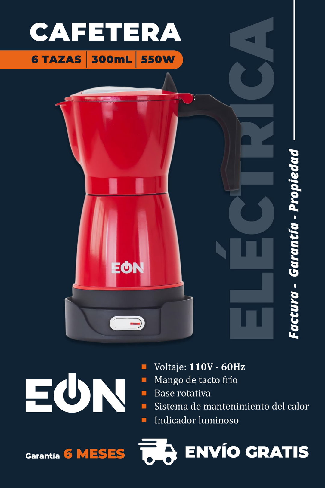 *🔹Cafetera Electrica de 6 Taza Marca EÒN 300 ML Color Rojo*- 6 Meses de garantía- Factura y Propiedad