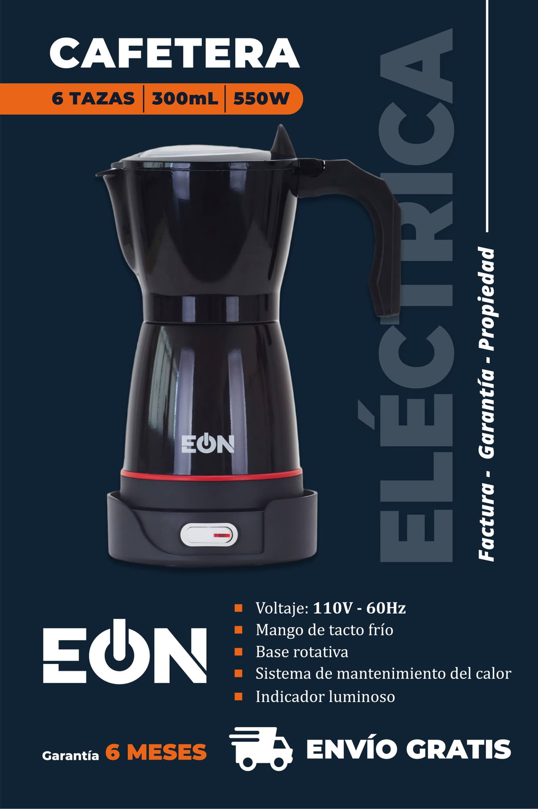 *🔹Cafetera Electrica de 6 Taza Marca EÒN 300 ML Color Negro*- 6 Meses de garantía- Factura y Propiedad