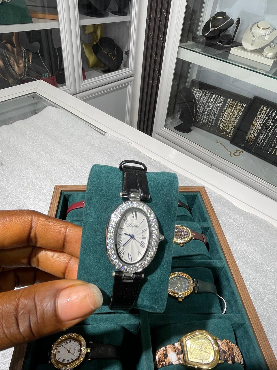 Glitz Black Leather Crystal Oval Watch