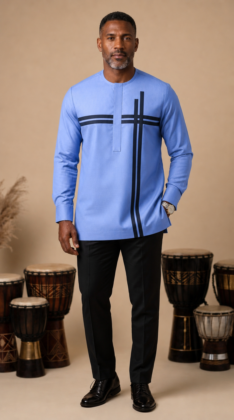Chemise Africaine Lin Bleu M1_1