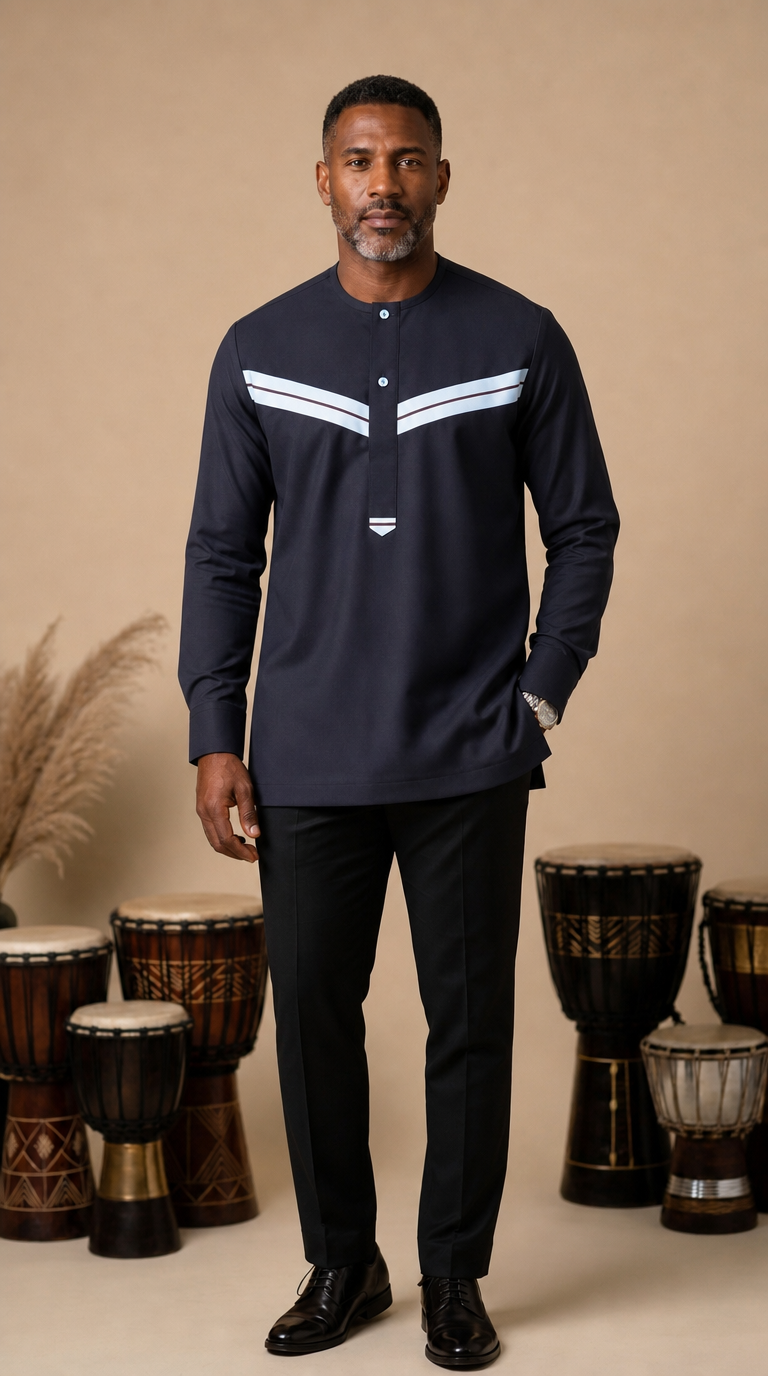 Chemise Africaine Lin Bleu de nuit M1