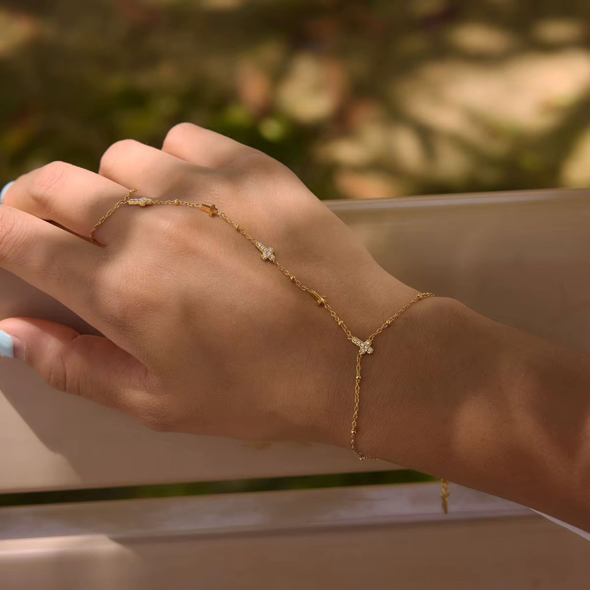 18K Gold Cross Zircon Hand chain Bracelet_0