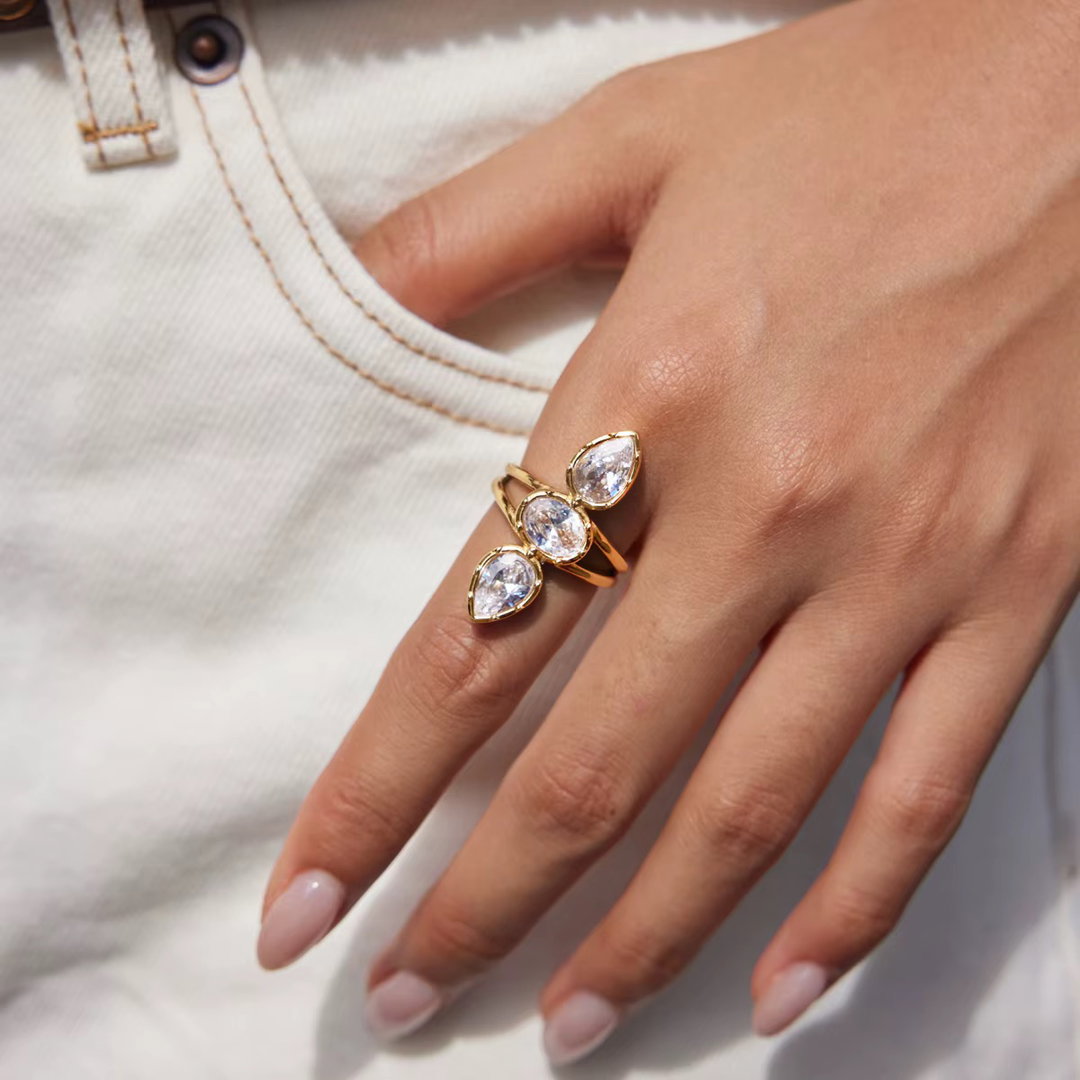 18K Gold Geometric Zircon Open Ring