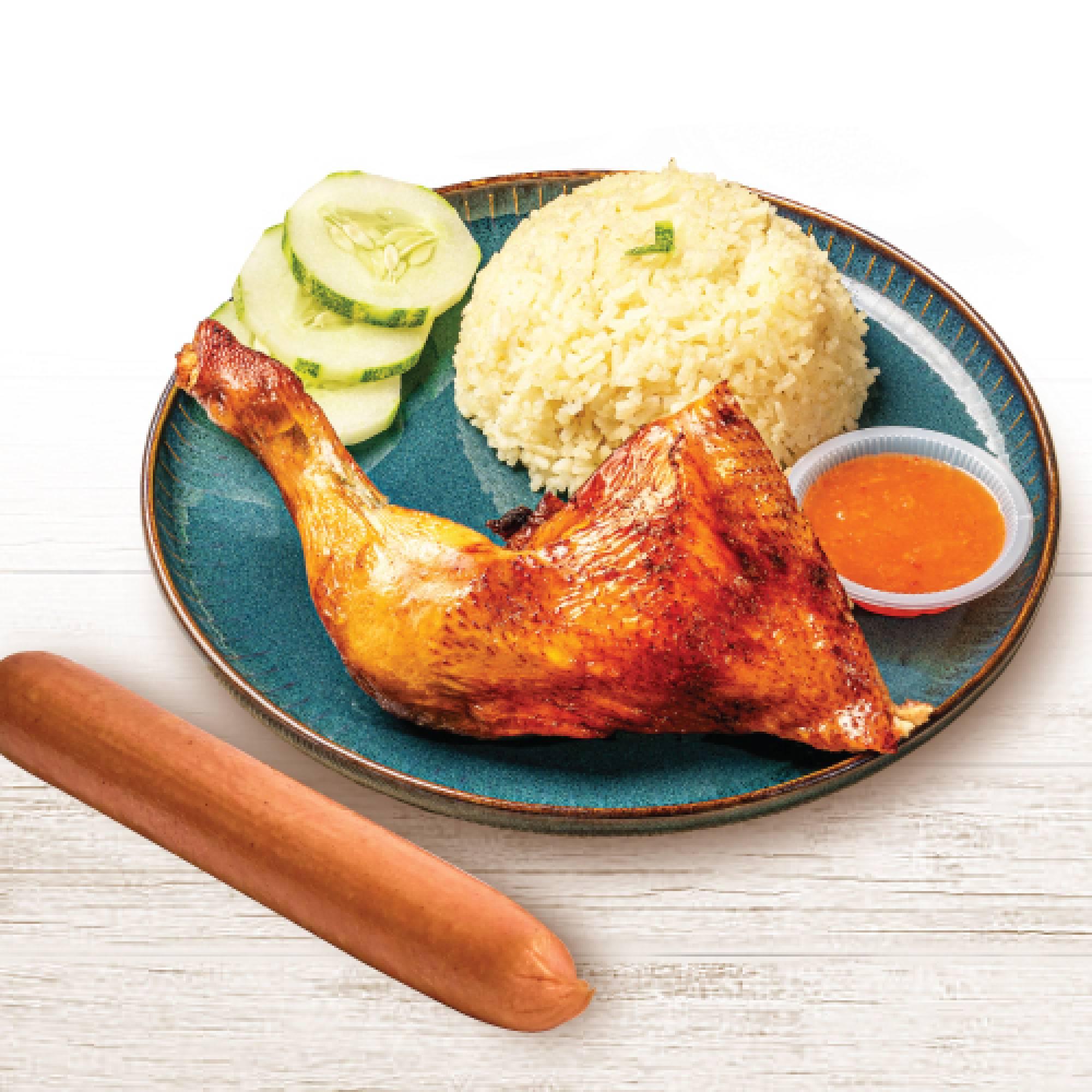 PAKEJ KOMBO 1 SET  NASI AYAM PANGGANG(PERISA BARBEKU /LADA HITAM) + FRANKFURTER JUMBO AYAM BERKEJU_0