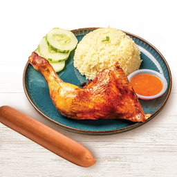 PAKEJ KOMBO 1 SET  NASI AYAM PANGGANG(PERISA BARBEKU /LADA HITAM) + FRANKFURTER JUMBO AYAM BERKEJU