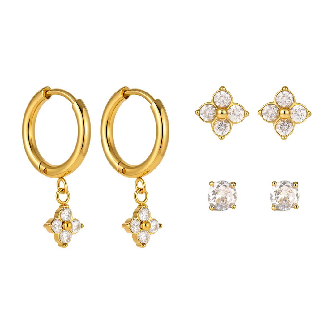 18K Gold 3-Pair Marquise Zircon Clover Set